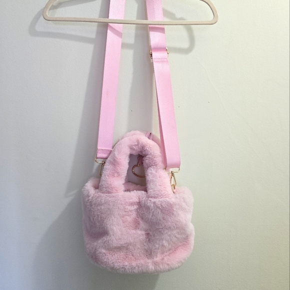 Icing Pink and Gold Shoulder Bag with Plush Texture and Rounded Shape - Picture 12 of 15